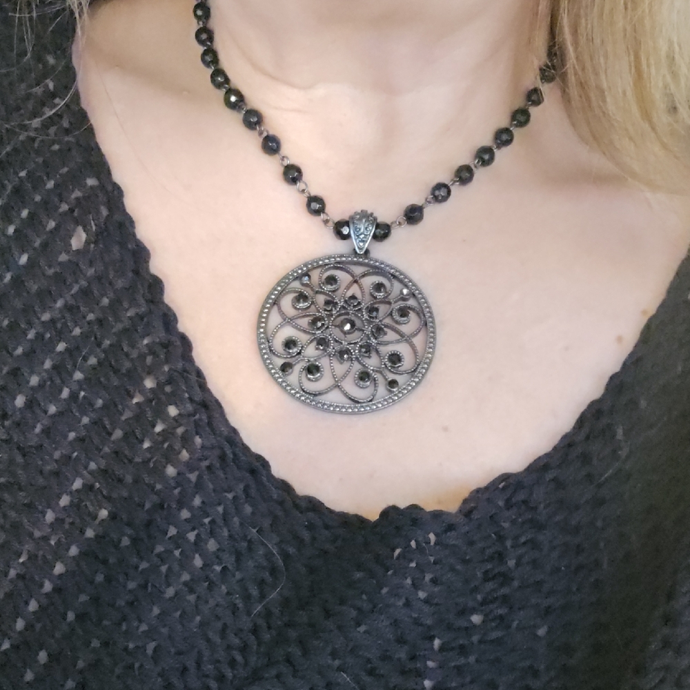 Gothic Inspired Black Beaded Pendant Necklace